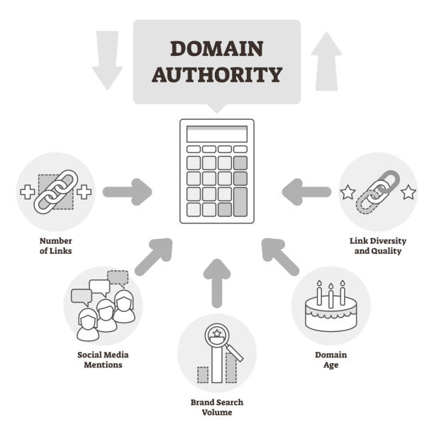 illustrazioni stock, clip art, cartoni animati e icone di tendenza di illustrazione vettoriale dell'autorità di dominio. bw ha delineato il sistema di pertinenza del sito web. - ca02