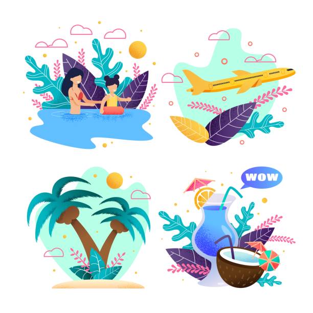 Summer Vacation on Tropical Island Cartoon Set Summer Vacation on Tropical Island Cartoon Set. Advertising Banners Template for Resort in Warm Country and Mobile Application for Ticket and Tour Booking. Flat Vector Natural Illustration charter document stock illustrations