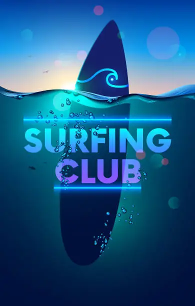 Vector illustration of Surfing club vertical banner or background. surfboard underwater in sea on sunset. wave waterline and bubbles on surface of ocean. neon logo surf club on water board. Poster subsea marine landscape.