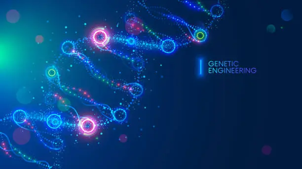 Vector illustration of DNA molecule vector illustration or science background. Genetic engineering and editing gene. Sci medical technology conceptual banner. Microscopic structure. Biotechnology or chemistry template.