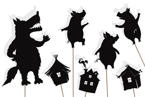 Shadow puppets of three little pigs, their houses and Big Bad Wolf, isolated on white background.
