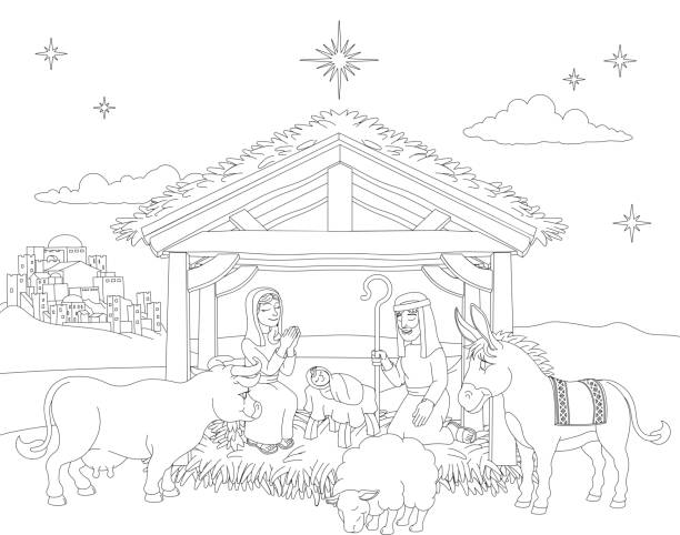 Cartoon Christmas Nativity Scene Coloring A Christmas nativity coloring scene cartoon, with baby Jesus, Mary and Joseph in the manger with donkey and other animals. The City of Bethlehem and star above. Christian religious illustration. religious text stock illustrations