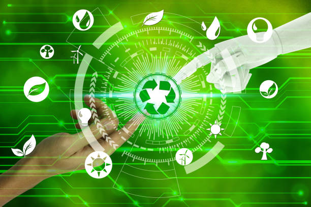 istock Robot and human hands with touching virtual recycle and environment icons over the network connection on nature background, Artificial Intelligence and Technology ecology concept. 1156906060