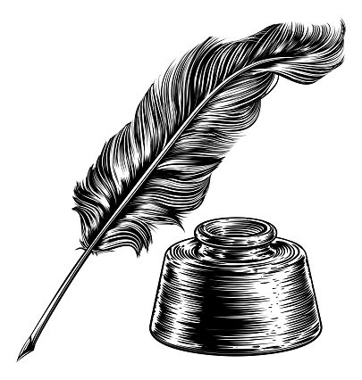 A feather quill ink writing pen and inkwell in a vintage retro woodcut or woodblock line art drawing style