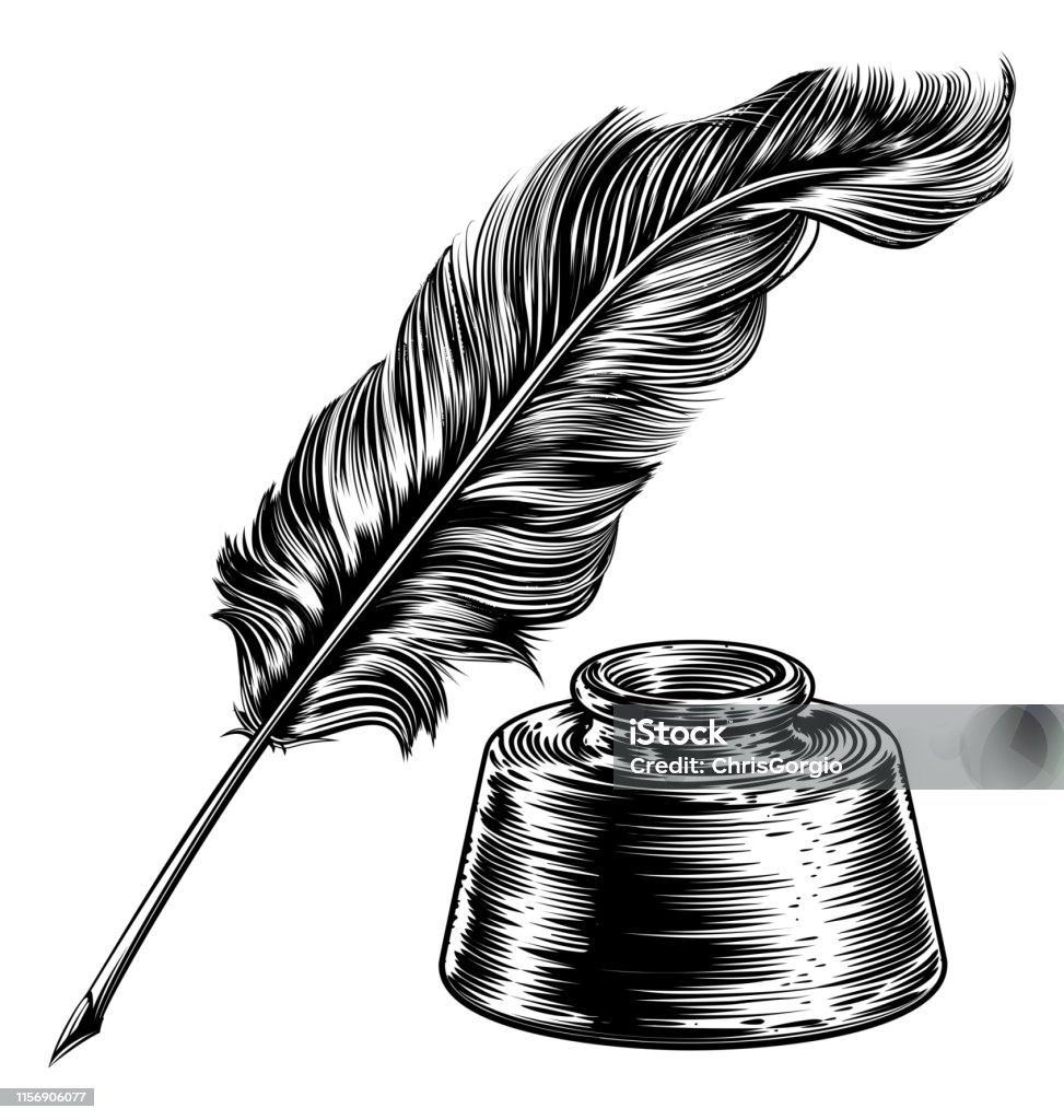 Quill Feather Pen And Ink Well Stock Illustration - Download Image Now -  Bristle - Animal Part, Quill Pen, Ink - iStock