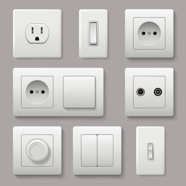 istock Wall switch. Power electrical socket electricity turn of and on plug vector realistic pictures 1156907176