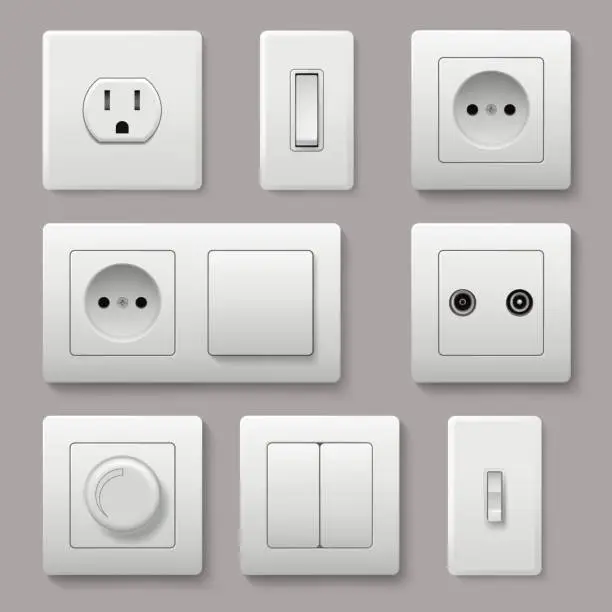 Vector illustration of Wall switch. Power electrical socket electricity turn of and on plug vector realistic pictures