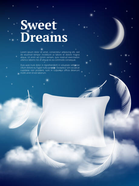 poduszka nocnego snu. reklamowanie plakatu z poduszkami chmury i pióra wygodne przestrzeni wektor realistycznej koncepcji - pillow stock illustrations