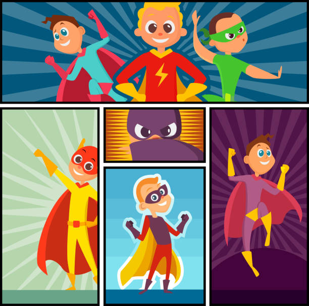 illustrazioni stock, clip art, cartoni animati e icone di tendenza di striscioni di supereroi. bambini eroi personaggi in azione pone comico super persone colorato vettoriale cartone animato mascotte - mask superhero heroes men