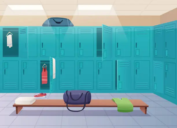 Vector illustration of School changing room. College gym sport lockers changing room interior classroom with equipment and corridor vector cartoon background