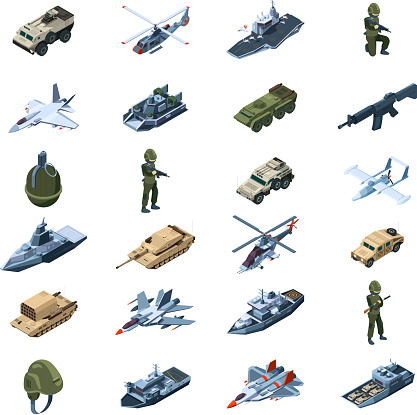 Military transport. Army gadget armor uniform weapons guns tanks grenades security tools vector isometric. Military isometric army warfare, vehicle tank power illustration