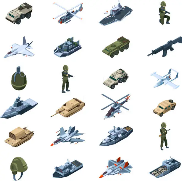 Vector illustration of Military transport. Army gadget armor uniform weapons guns tanks grenades security tools vector isometric