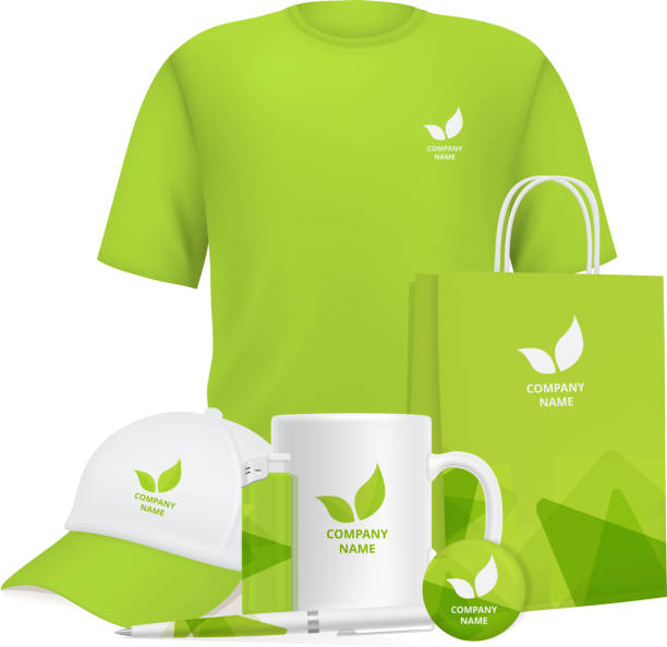 Business identity. Branding design corporate souvenirs promotional items clothing cup cap pen lighter vector realistic mockup Business identity. Branding design corporate souvenirs promotional items clothing cup cap pen lighter vector realistic mockup. Illustration of cap, cup and t-shirt with company logo advertising marketing patterns stock illustrations