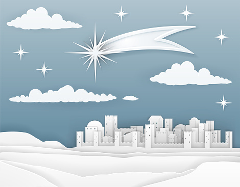 A nativity Christmas scene in a cut paper style. City of Bethlehem in background with guiding star above announcing the birth of baby Jesus. Christian religious illustration.