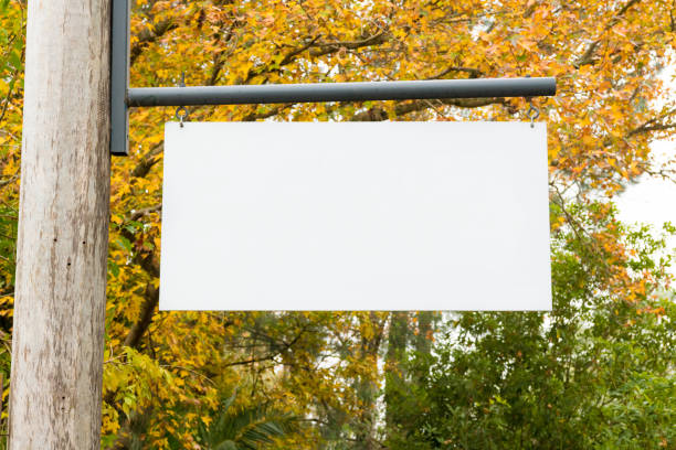 istock Advertising empty white blank board hanging on a wooden pole on the left, with nature forest in the background. Copy space available for text 1156908041