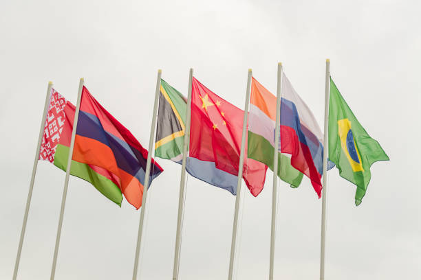 曇り空に対してbrics諸国の旗を振る。 - national flag flag global communications sky ストックフォトと画像