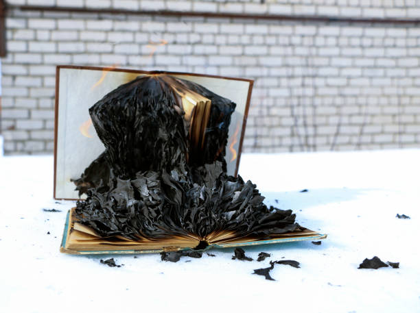 burning book in  snow. pages with the text in  open book burn with  bright flame. burning book in the snow. pages with the text in the open book burn with a bright flame. book burning stock pictures, royalty-free photos & images