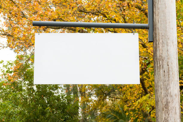 istock Advertising empty white blank board hanging on a wooden pole on the right, with nature forest in the background. Copy space available for text 1156909399