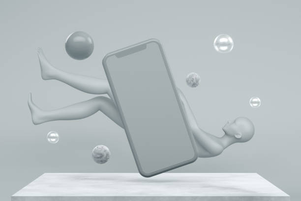 istock Smartphone Mobile Application Presentation Mockup with Flying Spheres and Cyborg Woman 1156910945