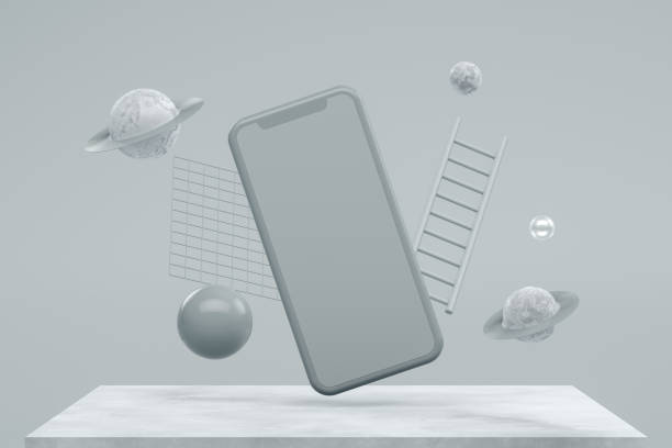 3d rendering of Smartphone, mockup, template for mobile application presentation with flying objects on gray color background.