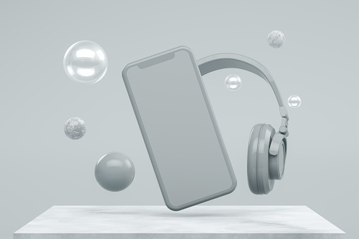 3d rendering of Smartphone, mockup, template for mobile application presentation with flying objects on gray color background.