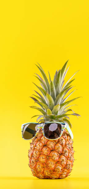 istock Creative pineapples with sunglasses isolated on yellow background, summer vacation beach idea design pattern, copy space, close up, blank for text 1156911113