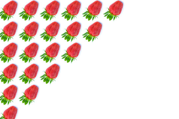 Top view of fresh ripe strawberry on white background. Berries trendy pattern.