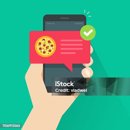 istock Phone with pizza on screen vector illustration, flat cartoon cellphone with food delivery notification, smartphone with bubble speech and tick image 1156913565