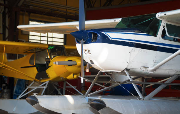 istock Close-up view of floatplanes (seaplanes) standing in hangar. 1156915726