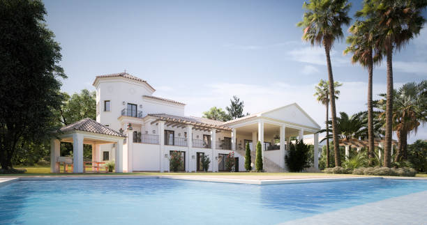 exclusiva villa de lujo con piscina - mansion fotografías e imágenes de stock