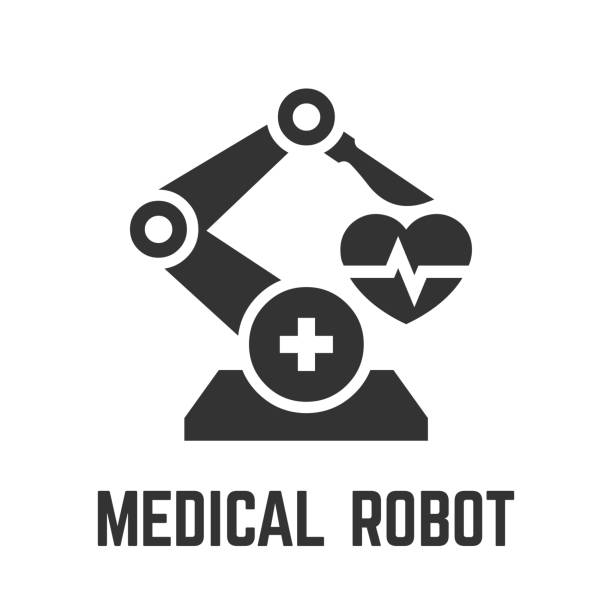 illustrazioni stock, clip art, cartoni animati e icone di tendenza di icona del robot medico con chirurgia assistita da robot sanitario per il simbolo del glifo a funzionamento remoto. - chirurgia robotica