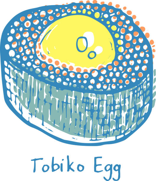 jajko sushi tobiko. ilustracja koloru szkicu. sushi z ikrą i jajkiem. japońskie owoce morza. ilustracja wektorowa - skratch stock illustrations