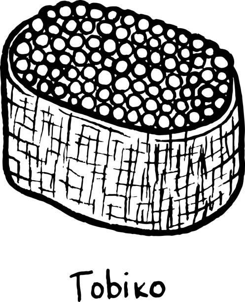 sushi tobiko. ilustracja szkicu. sushi z tobiko ikrą i ryżem. japońskie owoce morza. ilustracja wektorowa - skratch stock illustrations