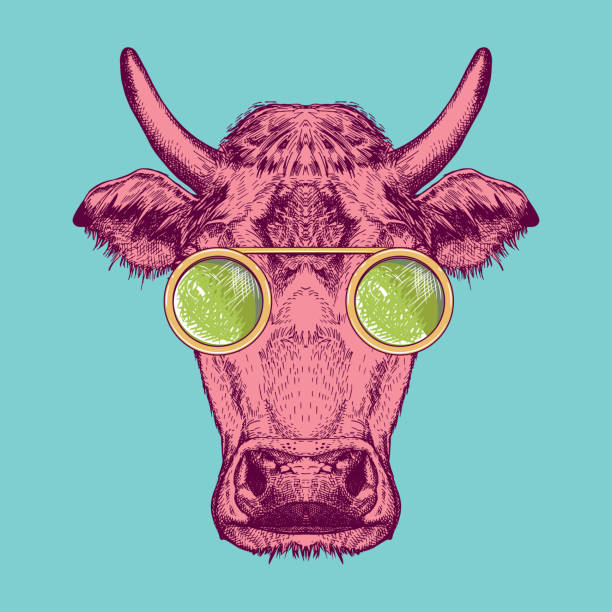 Vector image of a cow with glasses. Cow painted in pink on a turquoise background. Surrealism. T-shirt design.