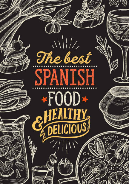 Spanish cuisine illustrations - tapas, paella, sangria, jamon, churros, calcots, turron for restaurant. Vector hand drawn poster for catalan cafe and bar. Design with lettering and doodle vintage graphic. Spanish illustrations - tapas, paella, sangria, ham, churros, calcots, nougat spanish food stock illustrations