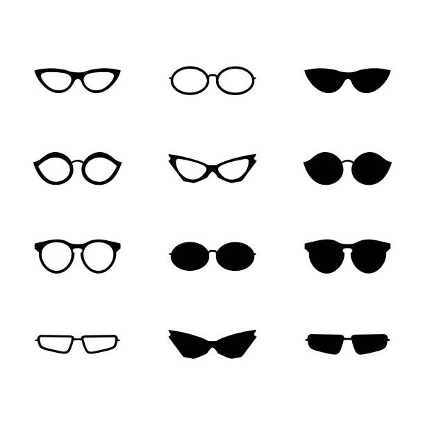 zestaw ikon okularów przeciwsłonecznych i okularów, białe tło - human eye glass eyesight sunglasses stock illustrations