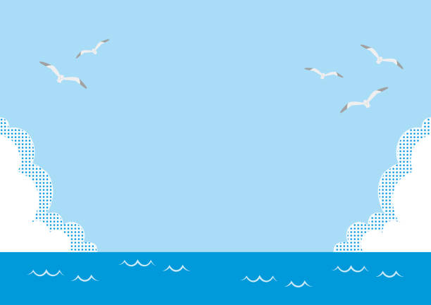 istock illustration of the sea, blue sky, clouds and sea gull flying. 1156922996