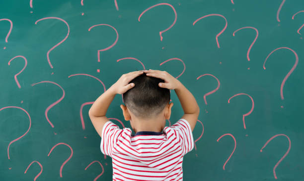 istock Asian little boy in front of blackboard with question marks 1156923207
