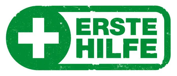 Vector illustration of green ERSTE HILFE rubber stamp print with cross symbol