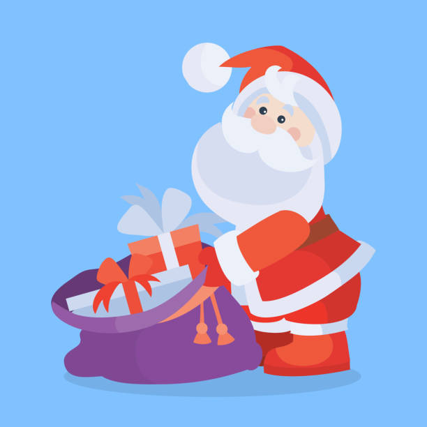 ilustrações de stock, clip art, desenhos animados e ícones de santa claus with sack full of gifts cartoon icon - christmas present senior men surprise gift box