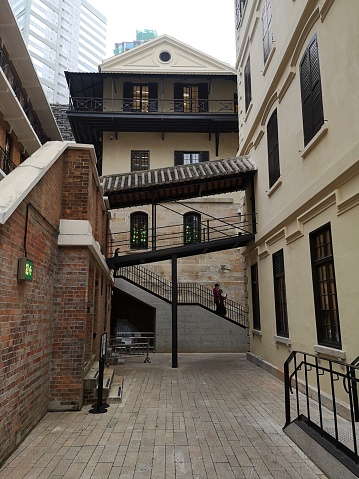 Old fashion architecture at Tai Kwun, or the Former Central Police Station Compound which includes the former Central Police Station, the Former Central Magistracy and the Victoria Prison.  The compound underwent a heritage revitalisation and reopened to the public on 29 May 2018