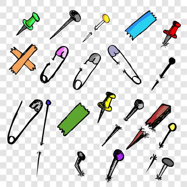 Vector illustration of Simple Vector colorful vector doodle Breastpin, push pin,  nail and needle at transparent effect background