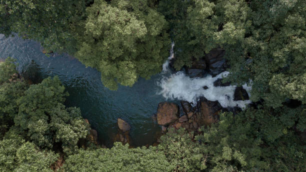 Aerial view of a waterfall in the middle of a jungle surrounded by trees (Kahanavita Ella Waterfall, Sri Lanka) stock photo