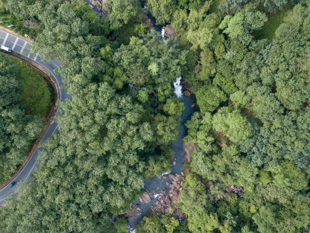 Aerial drone view of Kahanawita Ella Waterfall in the middle of a jungle surrounded by trees with a main road, Daraniyagala, Sri Lanka stock photo