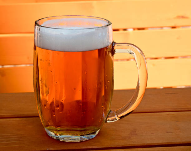 Beer on the desk in a garden restaurant