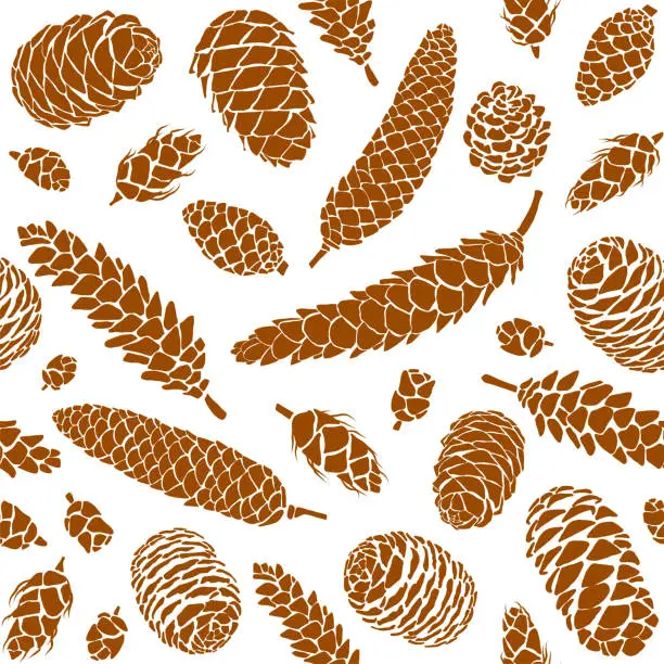 Vector illustration of Hand Drawn Pine Cones Seamless Pattern Background. Autumn, Winter, Thanksgiving or Christmas Card Concept.