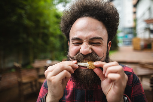Bearded hipster in a plaid shirt with pointy mustache eating a chicken wing.