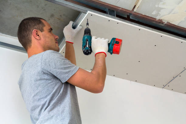 istock Construction worker assemble a suspended ceiling with drywall and fixing the drywall to the ceiling metal frame with screwdriver. 1156942402