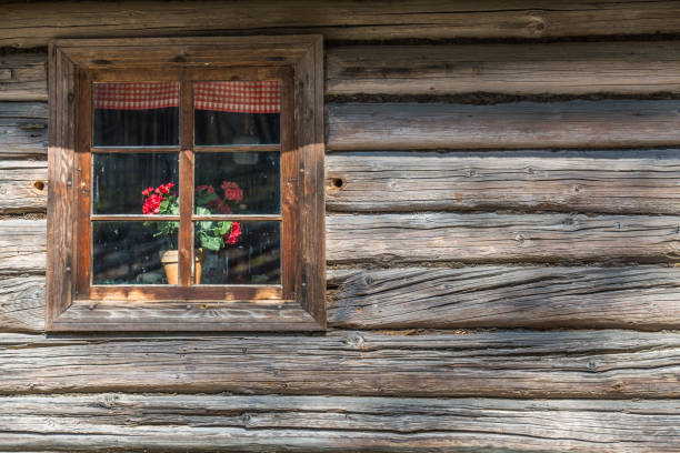 Window in old wooden rural house with flower pot in Estonia