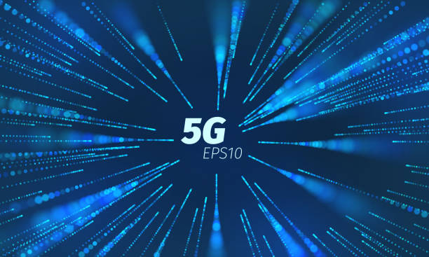 illustrazioni stock, clip art, cartoni animati e icone di tendenza di canale dati super velocità 5g. collegamento del ciclo di velocità wireless. tracce di movimento delle particelle - 5g
